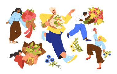 İnsanlar çiçek buketlerinin keyfini çıkarıyorlar. Sevgililer günü ve evlilik yıldönümü için romantik hediyeler ve hediyeler. Çiçekli kadın ve erkekler. Çizgi film düz vektör koleksiyonu beyaz arkaplanda izole edildi