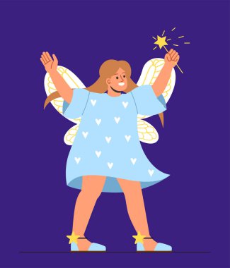 Cadılar Bayramı kostüm perisi. Sihirli değnekli mavi elbiseli kız. Büyücülük ve büyücülük. Şablon, yerleşim ve modelleme. Çizgi film düz vektör çizimi mavi arkaplanda izole edildi