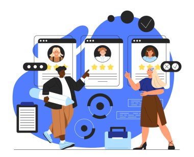 İnsan Kaynakları işe alım konsepti. Şirkete ve organizasyona adam alımı. Kadın ve erkek boşalan adayların özgeçmişlerini değerlendirir. Müfredat vitae sıralaması ve derecelendirmesi. Çizgi film düz vektör çizimi