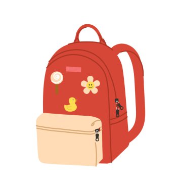 Çocuk konsepti için kırmızı çanta. Okul, üniversite ve üniversite çantası. Tarz, estetik ve zarafet. Poster ya da afiş. Çizgi film düz vektör çizimi beyaz arkaplanda izole edildi