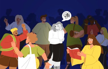 Kalabalık içinde üzgün bir kadın. Genç kız ayakta duruyor ve ellerini gençlerin arasına sokuyor. Depresyon ve hüsran. Akıl hastalığı ve psikoloji. Çizgi film düz vektör çizimi