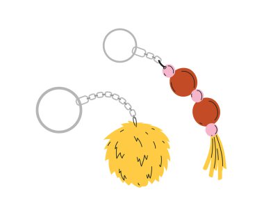 Set of trinkets concept. Toys on pendant for keys. Keychains pack. Yellow fluffy ball. Backpack accessories and decorations. Cartoon flat vector collection isolated on white background clipart