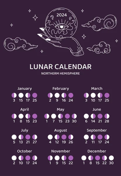 月の暦テンプレートコンセプト そして北半球 占星術と占星術について 月の段階とサイクルスケジュール Webサイトのポスターまたはバナー 漫画フラットベクターイラスト — ストックベクタ