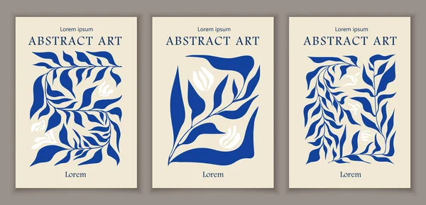 Matisse soyut sanat afişleri seti. Minimalist yaratıcılık ve sanat. Mavi geleneksel desenler. Şablon, yerleşim ve modelleme. Çizgi film düz vektör koleksiyonu gri arkaplanda izole edildi