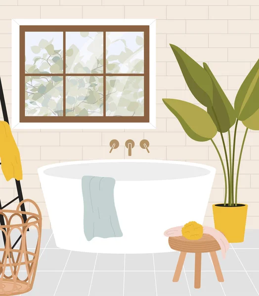 现代浴室内部的概念 在花盆旁边用毛巾和植物及凳子洗澡 舒适舒适的公寓或房子里的舒适舒适 海报或横幅 卡通平面矢量插图 — 图库矢量图片