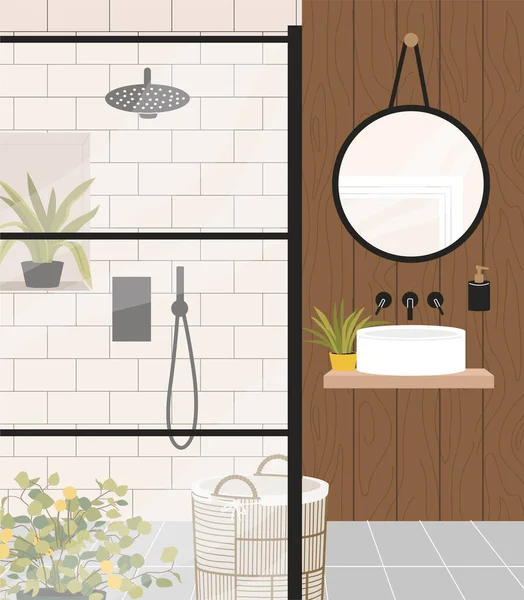 现代浴室内部的概念 用圆形的镜子在花盆附近洗澡 舒适舒适的公寓或家里 布局和模型 卡通平面矢量插图 — 图库矢量图片