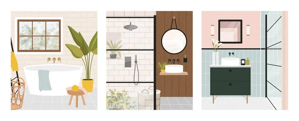 现代浴室内部的概念 一套有家具和装饰元素的房间 带淋浴的镜子和浴室 舒适和舒适 在白色背景下孤立的卡通平面矢量集合 — 图库矢量图片