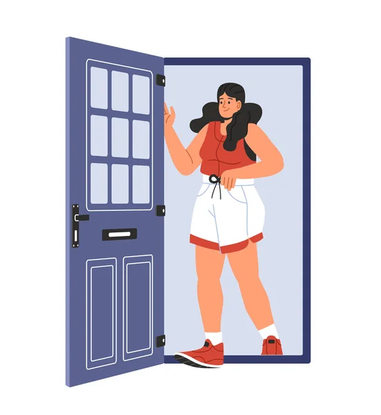 Woman Opening Door Concept Young Girl Entrance Home Character Leaving — Stock Vector