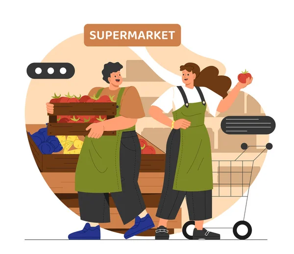 Koncepcja Pracowników Supermarketu Mężczyzna Kobieta Pudełkiem Pomidorów Produktów Naturalnych Ekologicznych — Wektor stockowy