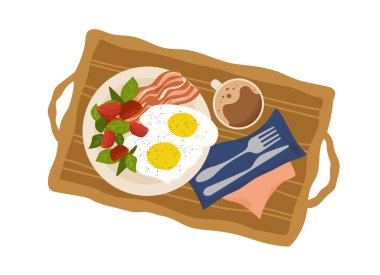 Kahvaltı yemeği üst görüş konsepti. Sıcak kahve ya da çay fincanının yanında çırpılmış yumurta ve sebzeli tabak. Sağlıklı ve geleneksel yemekler. Çizgi film düz vektör çizimi beyaz arkaplanda izole edildi