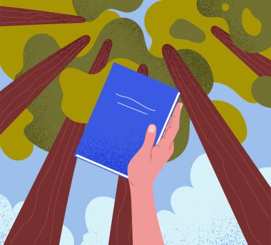 Açık hava kitap konsepti olan bir karakter. Gökyüzü ve ağaçların arka planıyla ilgili ders kitaplarıyla el ele. Web sitesi afişi ya da afişi. Dinlen ve dışarıda dinlen, kitap oku. Çizgi film düz vektör çizimi