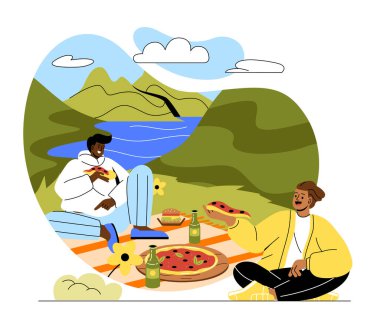 Açık hava pikniğinde bir çift. Yiyeceği olan erkekler yaz ya da bahar günleri açıklıkta otururlar. Hafta sonları doğada. Pizza, hamburger ve birayla genç adamlar. Çizgi film düz vektör çizimi