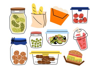 Konteynırlardaki gıda ürünleri. Doğal ve organik ürünler. Kurabiye, somun ekmek ve salatalık turşusu. Hamburger ve domates. Çizgi film düz vektör koleksiyonu beyaz arkaplanda izole edildi