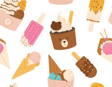 Dondurma izi yok. Kumaş üzerine baskı yapmak için tasarım ögesi tekrarlanıyor. Dondurulmuş çikolatalı gofret. Sıcak hava için tatlı ve lezzet. Çizgi film düz vektör çizimi