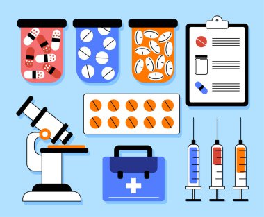 Bir takım tıbbi unsurlar. Şırıngalar, mikrofon ve haplar. Sağlık, uyuşturucu ve ilaçlar. Tedavi için hasta şekli. Çizgi film düz vektör koleksiyonu mavi arkaplanda izole edildi