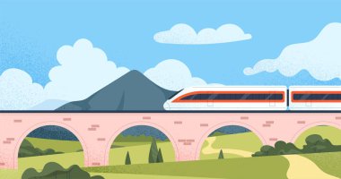 Yolcu treni doğa konseptinde. Aracı ve manzarası olan güzel bir doğal manzara. Demiryolu yakınındaki Glades ve dağlar. Seyahat ve macera, turizm. Çizgi film düz vektör çizimi