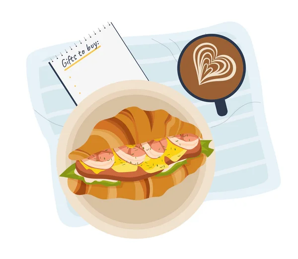 早餐餐顶视图概念 在杯子边夹有肉和鸡蛋的三明治 并配有热饮 咖啡或茶 布局和模型 在白色背景上孤立的卡通平面矢量图解 — 图库矢量图片
