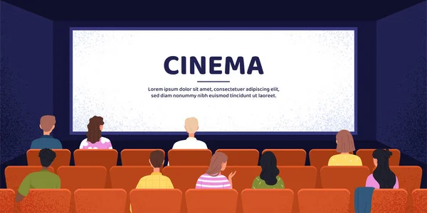 Cinema Audience Concept People Sit Red Chairs Look Big Screen — Stock Vector