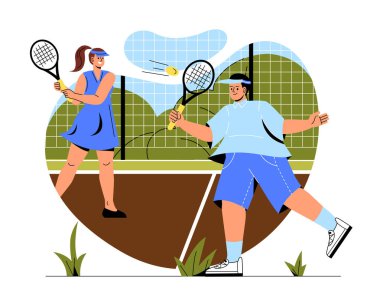 Erkek ve kadın tenis konseptiyle oynuyorlar. Raketli kadın ve erkek tenis topuna vuruyor. Aktif yaşam tarzı ve spor. Yarışmalar, turnuvalar, sporcular. Çizgi film düz vektör çizimi