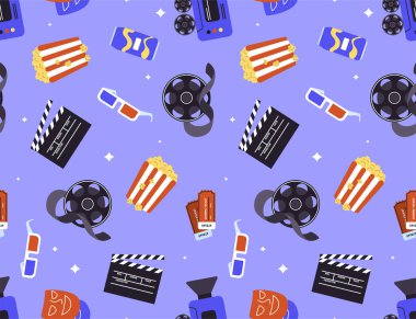 Seamless pattern with cinema elements. Repeating design element for printing on fabric. Popcorn, 3D glasses, film tape and tickets, soda. Movie and series. Cartoon flat vector illustration clipart