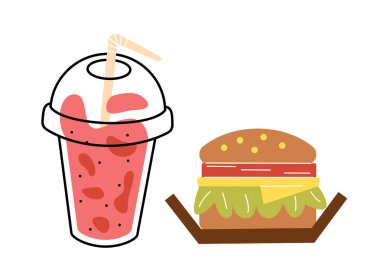Hamburger ve soda karalama konsepti. Kafe ya da yemek servisi için fast-and abur cubur. Sebzeli çörekler, et ve tatlı içecek, kokteyl. Çizgi film düz vektör çizimi beyaz arkaplanda izole edildi