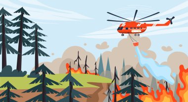 Helikopter orman yangını kavramını söndürüyor. Hava aracı kovadan yanan ağaçlara su döker. Felaket, felaket, tehlike ve acil durum. Çizgi film düz vektör çizimi