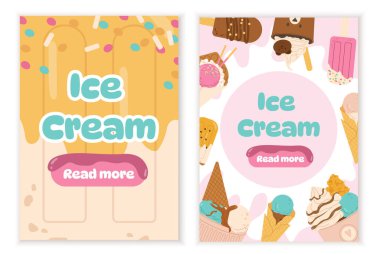 Dondurmalı şablonlar. Web sitesi afişi ya da afişi. Dondurulmuş soğuk tatlı ve sıcak hava ve yaz mevsimi için lezzet. Çizgi film düz vektör koleksiyonu beyaz arkaplanda izole edildi