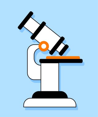 Tıbbi mikroskop etiketi konsepti. Tedavi ve sağlık hizmetleri. Araştırma için laboratuvar ekipmanları. Sosyal medya ve kuryeler için etiket. Çizgi film düz vektör çizimi mavi arkaplanda izole edildi