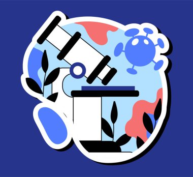 Mikroskop konseptli tıbbi etiket. Bilimsel araştırma için laboratuvar ekipmanları. Kimya ve biyoloji. Web sitesi afişi ya da afişi. Çizgi film düz vektör çizimi mavi arkaplanda izole edildi