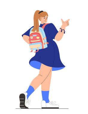 Sırt çantası çıkartması olan bir kadın. Çantalı mavi elbiseli genç kız. Moda, moda ve tarz. Okul, üniversite ya da üniversite. Çizgi film düz vektör çizimi beyaz arkaplanda izole edildi
