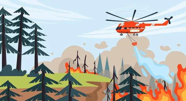 Вертолет Тушит Концепцию Лесного Пожара Воздушный Транспорт Сбрасывает Воду Ведра — стоковый вектор