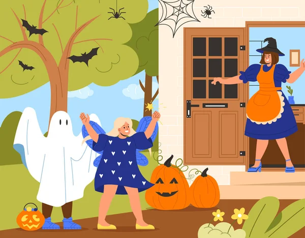 Gente Celebra Concepto Halloween Mujer Con Niños Ropa Miedo Traje — Vector de stock