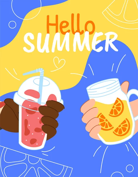 Hola Concepto Cartel Verano Personajes Sosteniendo Cócteles Bebidas Frías Para — Vector de stock