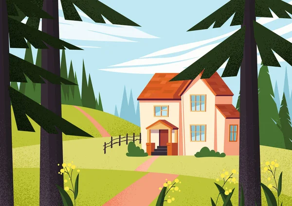 森林概念中漂亮的房子 草坪上靠近树木的小木屋 私人财产和房地产 徒步旅行和露营自然全景和风景 卡通平面矢量插图 — 图库矢量图片
