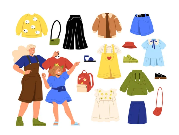 Дети Набором Одежды Концепции Мать Дочь Выбирают Одежду Мода Мода — стоковый вектор