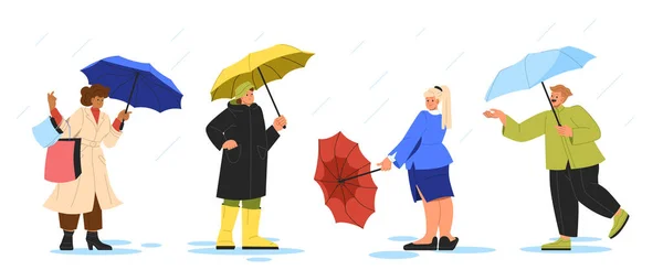 一群拿着雨伞的人男男女女在雨中 秋天和秋天 角色躲过了湿冷的天气 在白色背景下孤立的卡通平面矢量集合 — 图库矢量图片