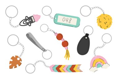 Set of different trinkets. Keychains on pendants. Accessories and decorations for keys and briefcase. Fashion and style. Cartoon flat vector collection isolated on white background clipart