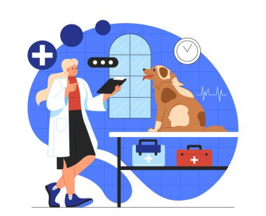 Köpek vektörü konsepti olan bir veteriner. Tıp üniformalı genç bir kız evcil hayvana teşhis koyuyor. Sağlık ve tedavi, destek. Evcil hayvanlar için klinik. Çizgi film düz çizimi