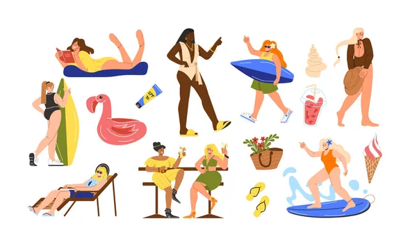 Sada Nálepek Letní Čas Ženy Plavkách Zmrzlinou Koktejly Surfy Aktivní — Stockový vektor