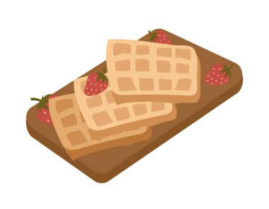Çilekli yaz waffle 'ları. Kesme tahtasında tatlı ve lezzet. Yaz mevsimi için yiyecek, tatlı atıştırmalık. Çizgi film düz vektör çizimi beyaz arkaplanda izole edildi