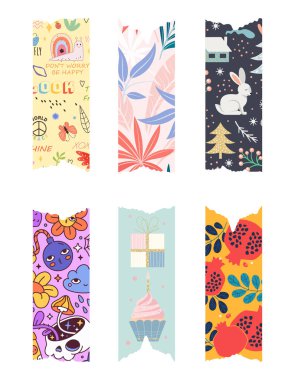 Albüm kağıdı bant seti. Çocuklar için geleneksel süsler. Not defteri, not defteri ve yırtık kağıt. Şablon, yerleşim ve modelleme. Çizgi film düz vektör koleksiyonu beyaz arkaplanda izole edildi