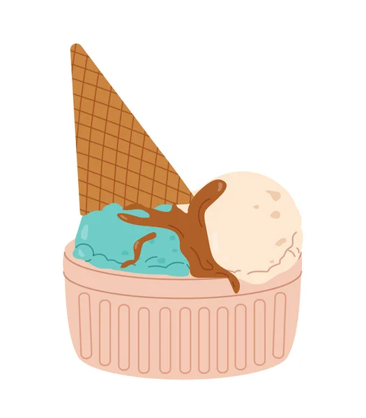 甜点冰淇淋贴纸的概念 晶圆锥 色彩艳丽的球和巧克力 夏天的美味佳肴海报或横幅 在白色背景上孤立的卡通平面矢量图解 — 图库矢量图片