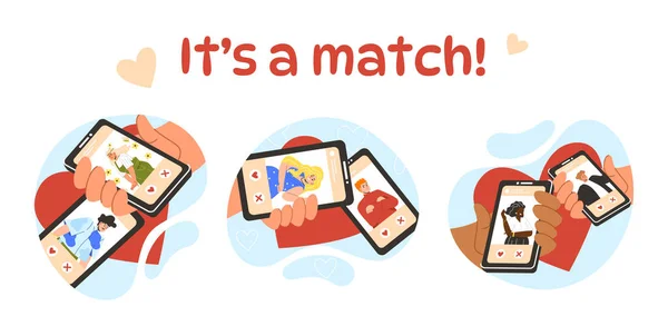 オンラインデートモバイルアプリセット 男性と女性はソーシャルネットワークで会う オンラインでの愛とロマンス ミーティングとコミュニケーション 白い背景に隔離された漫画の平らなベクターのコレクション — ストックベクタ