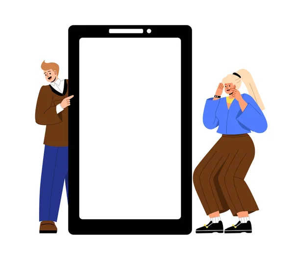 空白のスマートフォン画面のコンセプトを持つ人 若い女の子と電話を持った男 ガジェットとデバイス Webサイトのポスターまたはバナー 白い背景に隔離された漫画の平らなベクターのイラスト — ストックベクタ