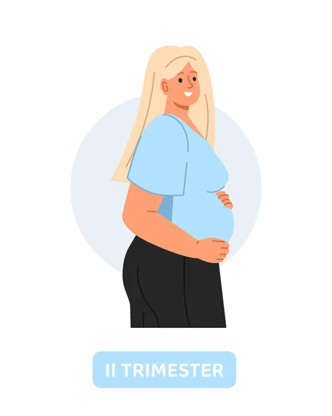 怀孕阶段的妇女概念 肚子饿的小女孩穿着蓝色T恤的准妈妈模板 布局和模型 在白色背景上孤立的卡通平面矢量图解 — 图库矢量图片