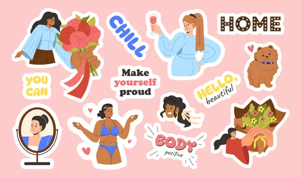 stock vector Set of stickers with girls. Beautiful women with inscription labels. Body positive and chill. Mirror and cute dog, domestic animal. Cartoon flat vector collection isolated on pink background