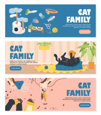 Kedi pankartı seti konsepti. Evde taşaklı ve yastıklı kedi yavruları. Rahatlık ve rahatlık. Evcil hayvanlara ve hayvanlara dikkat edin. Çizgi film düz vektör koleksiyonu beyaz arkaplanda izole edildi