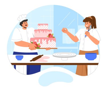 İnsanlar düğün pastası konseptini pişiriyor. Üniformalı adam tatlı ve lezzet hazırlıyor. Hamur işi ve ev yapımı baery. Tatil ve festival, evlilik töreni. Çizgi film düz vektör çizimi