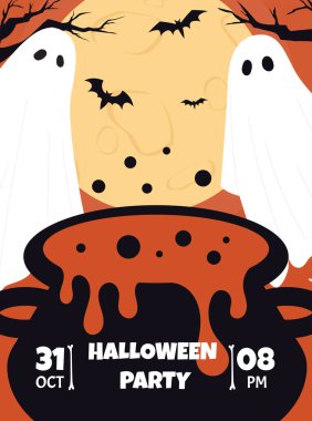 Cadılar Bayramı partisi afişi. Kara yarasalı kazanın yanındaki hayaletler. Uluslararası korku ve korku bayramı. Büyü ve büyücülük. Şablon, yerleşim ve modelleme. Çizgi film düz vektör çizimi