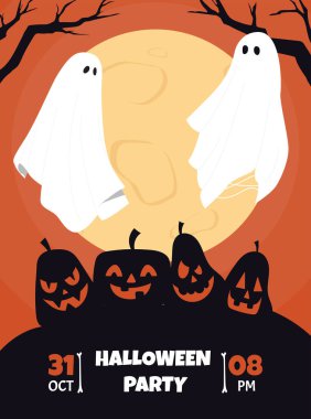 Cadılar Bayramı partisi afişi. Hayalet mezarlıkta pompaların yanında siluetler. Uluslararası korku ve korku bayramı. Selamlama ve ihlal kartpostal tasarımı. Çizgi film düz vektör çizimi